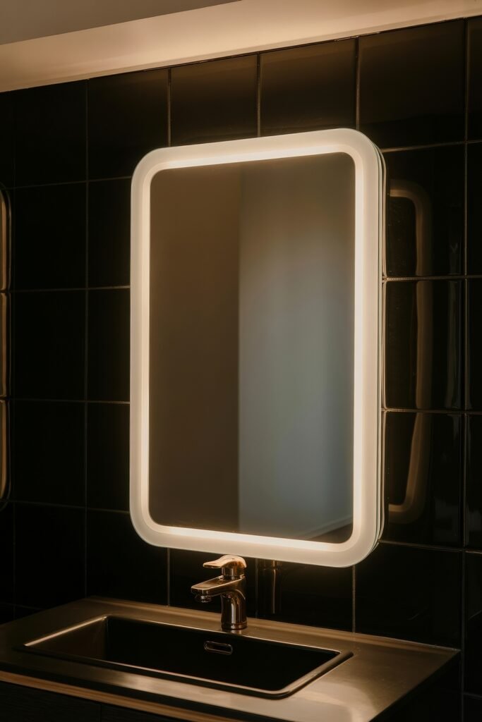 Black Bathroom Ideas: Genius Ways to Create Moody Glam 12 Illuminated rectangular mirror above a glossy black vanity with dark tiled wall and metallic faucet, exuding a high-contrast modern vibe in a Black Bathroom Ideas context.