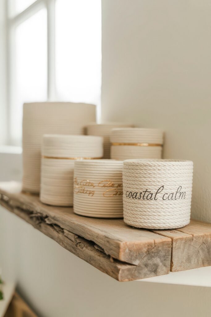 Coastal Summer Vibes for City Apartments 16 Shelf display of cream-colored rope baskets, one labeled “coastal calm,” adding a subtle coastal summer decor vibe.