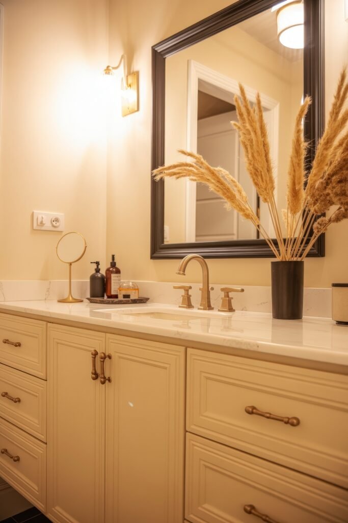 Cream Bathroom Ideas: Genius Ways to Warm Up Your Space 13 Warmly lit bathroom with ornate cream vanity, gold faucet, and tall black-framed mirror, accented by dried pampas grass for a rustic yet elegant Cream Bathroom Ideas feel.