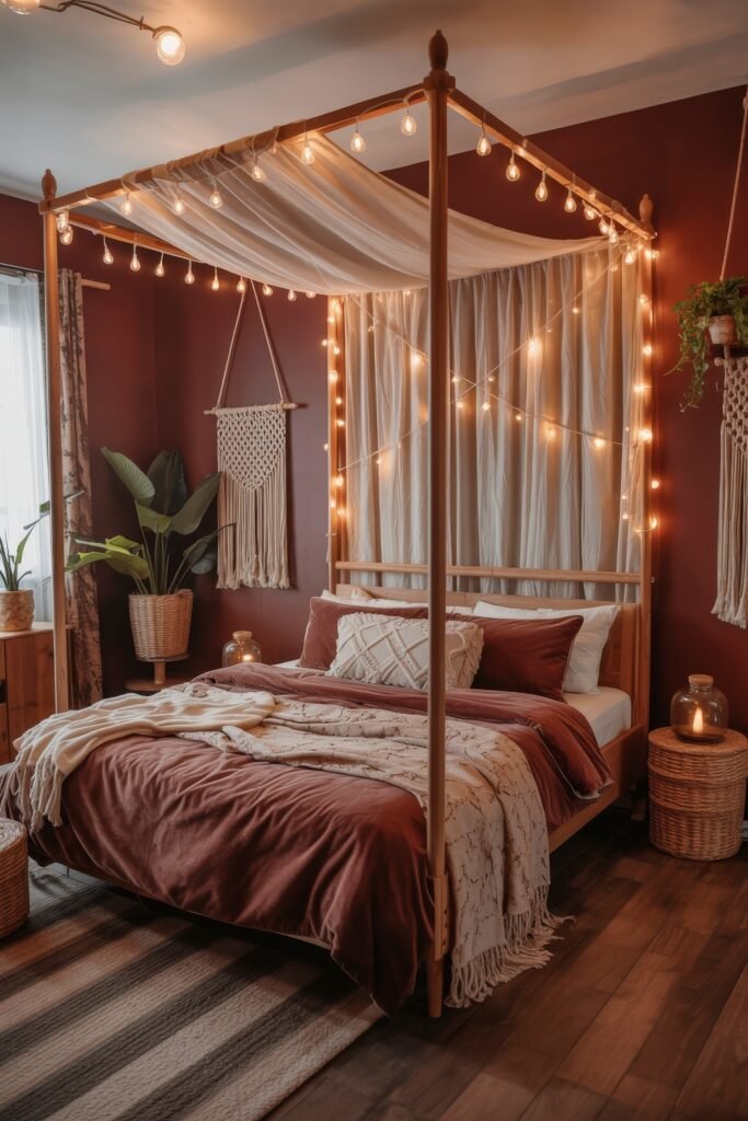 Dark Boho Bedroom Ideas: Unexpected Tricks for Cozy Drama 13 Romantic Boho bedroom with a wooden four-poster bed, terracotta bedding, macrame decor, sheer drapes, and twinkle lights enhancing the earthy, inviting feel.