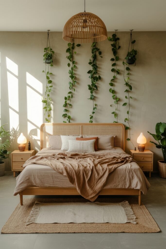 Earthy Bedroom Ideas: 12 Essential Ways to Elevate Your Space 12 Serene Earthy Bedroom Idea featuring cascading wall-mounted vines, a woven light fixture, beige bedding, and warm wood furniture, softly lit by morning sunlight.