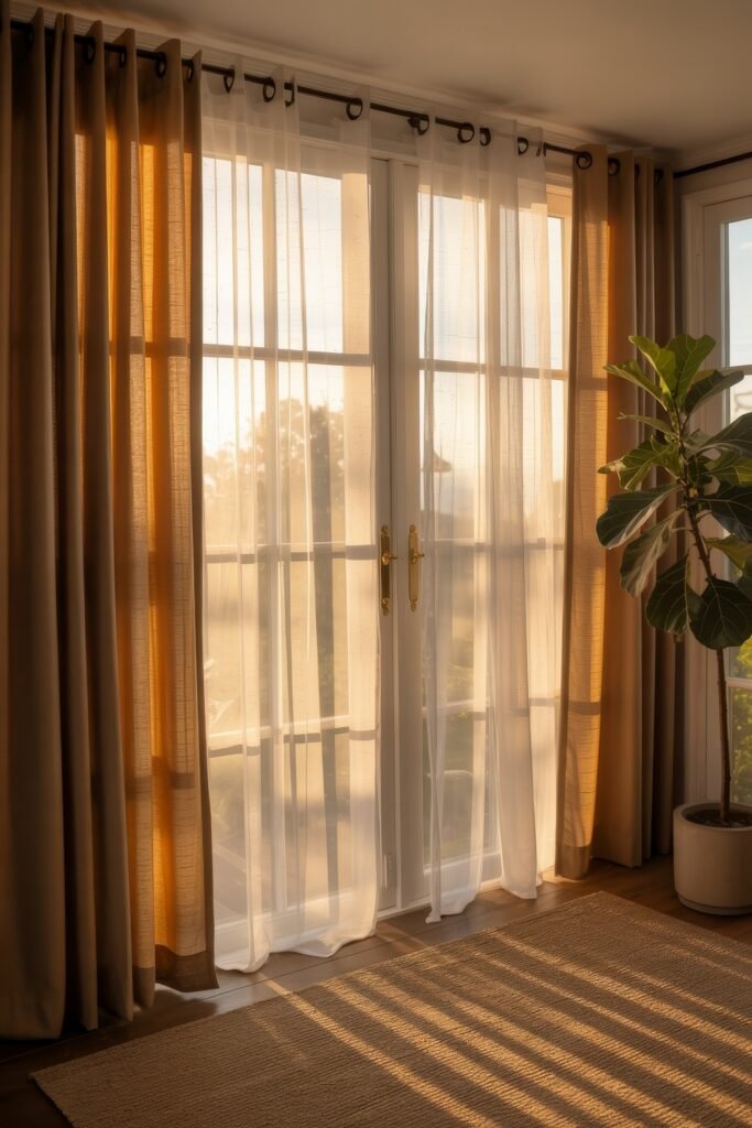Cozy Fall Sunroom Ideas: Autumn Decor for a Warm Retreat 12 Soft sunlight filtering through sheer curtains onto a neutral-toned rug and a tall potted plant in a serene four-season room.