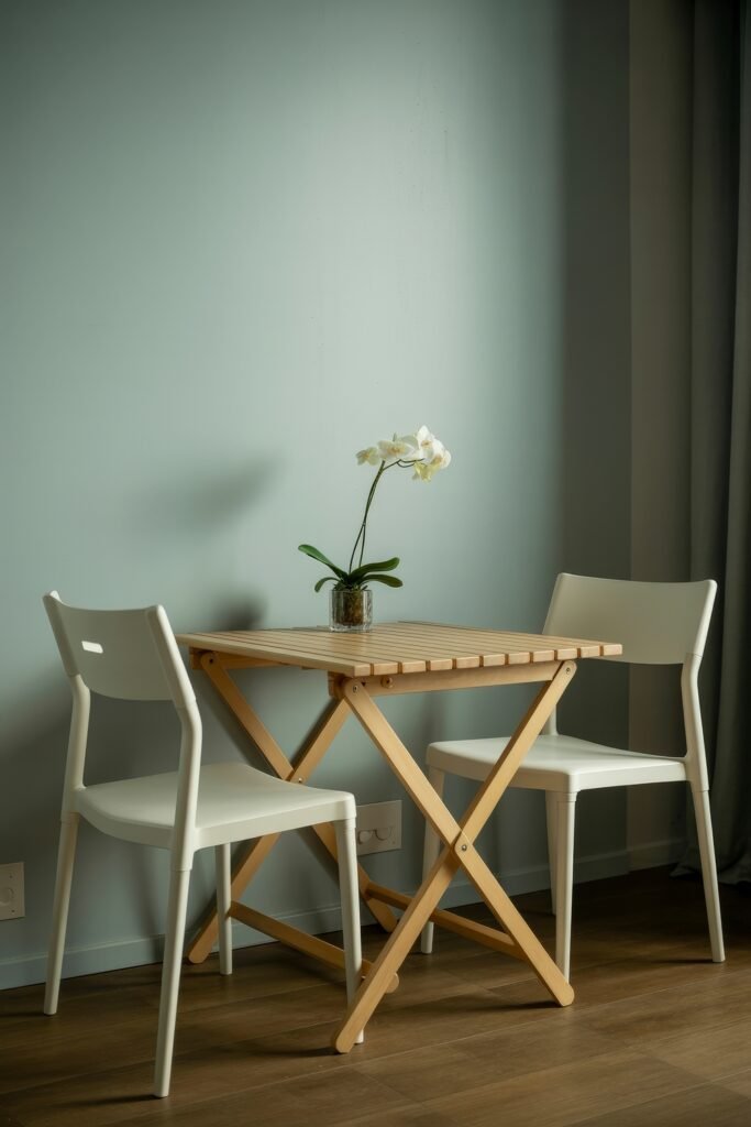 First Apartment Checklist: Essential Tips You’ll Love 11 Simple dining nook with a small wooden table, two white chairs, and a glass vase holding a single orchid—an efficient and stylish choice for a first apartment checklist.