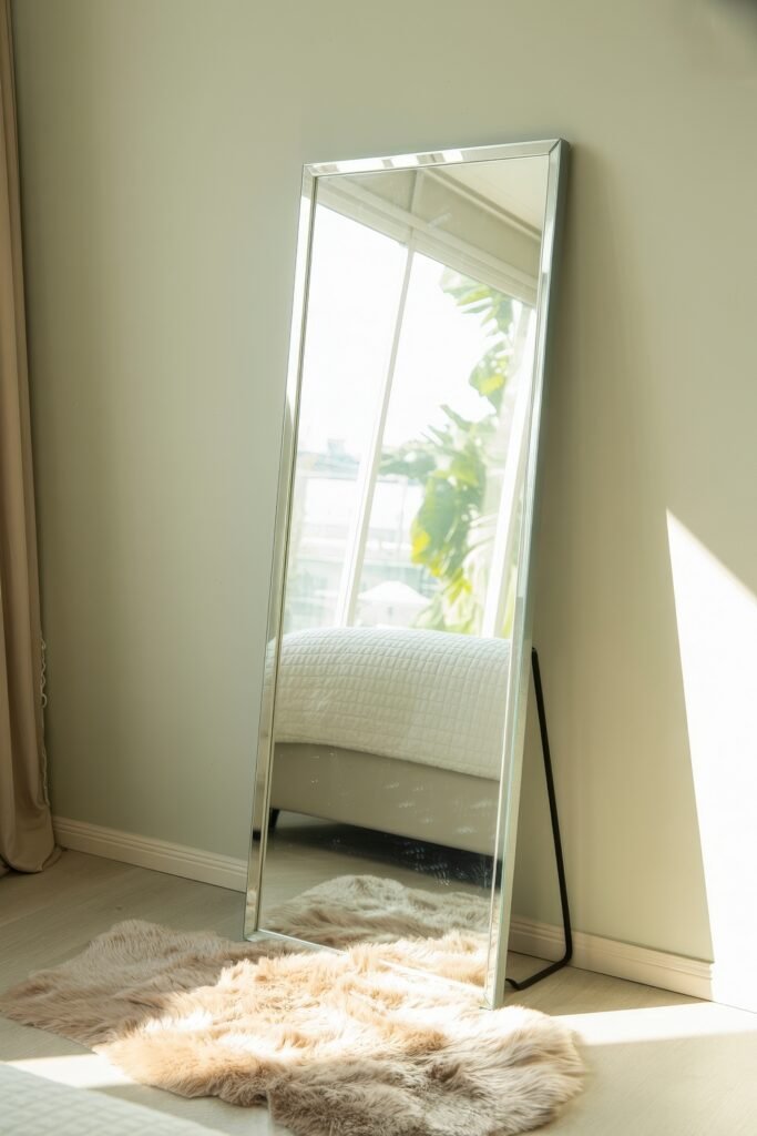 Glam Bedroom Décor: Essential Tips for Luxe Sleep 12 Rectangular full-length mirror with a mirrored frame leans against a pale wall, reflecting sunlight and a bed with a quilted blanket, placed over a beige faux fur rug.