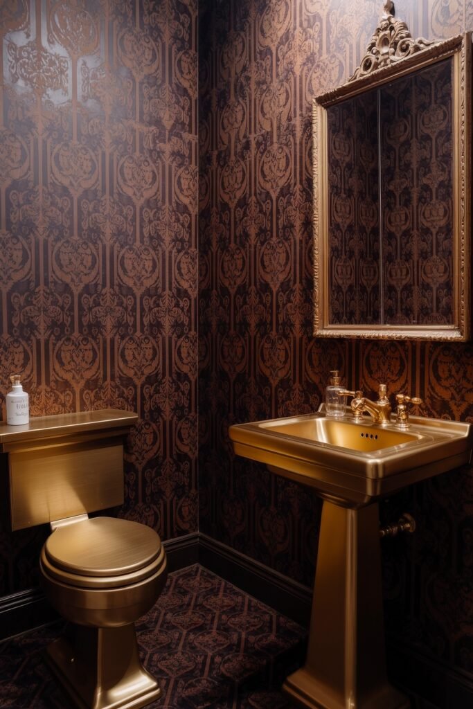 Gothic Bathroom Ideas: Genius Touches for Moody Glam 14 Luxurious powder room featuring a metallic gold toilet and pedestal sink, framed mirror, and deep brown patterned wallpaper, embracing bold Gothic Bathroom Ideas.