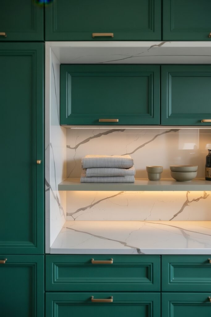 Green Kitchen Cabinets: Stylish Ways to Elevate Style 14 Elegant kitchen showcasing dark green cabinetry, gold hardware, and a white marble-look backsplash with warm under-shelf lighting and minimal ceramic accessories.