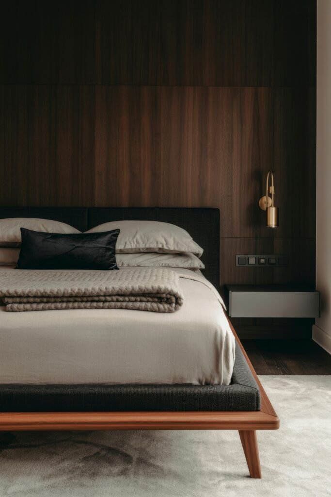 Masculine Luxury Bedroom: Genius Luxe Ideas 14 Sophisticated bedroom with a dark wood accent wall, neutral bedding, and a black velvet pillow, accented by a modern brass wall sconce and floating nightstand.