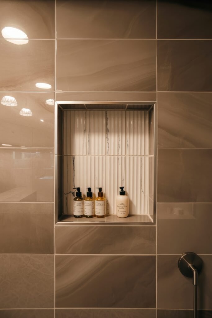 Neutral Bathroom Ideas: Genius Spa-Like Upgrades 13 Built-in shower niche with ribbed marble tiles holding four bottles of amber and white bath products, set against large taupe marble wall tiles in a luxurious shower space.