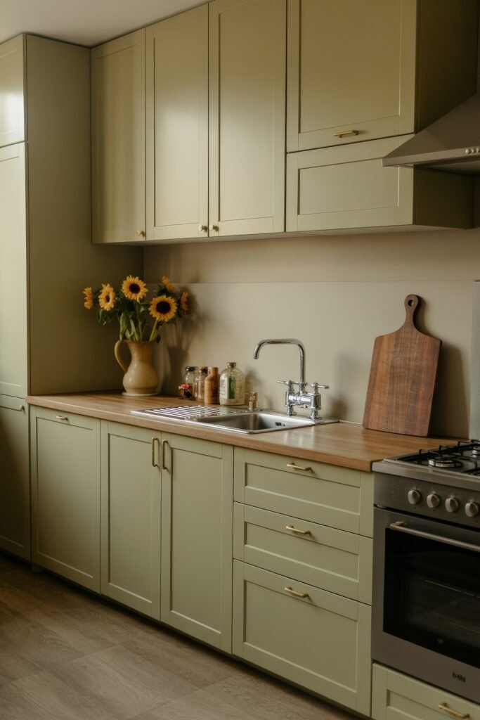 Sage Green Kitchen Bliss: Inspiring Ideas 12 Elegant Green-Themed Kitchen with shaker-style cabinets, sunflower bouquet, wooden cutting board, and a mix of brass and chrome accents.