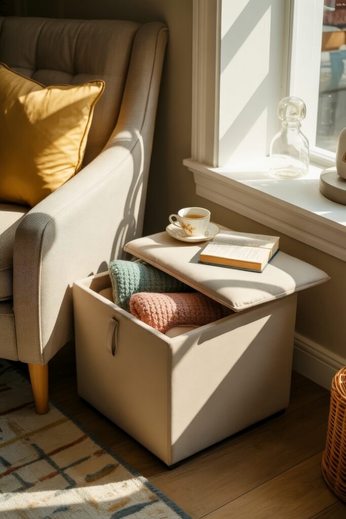 Indoor Sunroom Furniture Ideas for Cozy Winters & Breezy Summers 12 Beige storage ottoman filled with cozy throws beside an armchair and window nook in a sunroom.