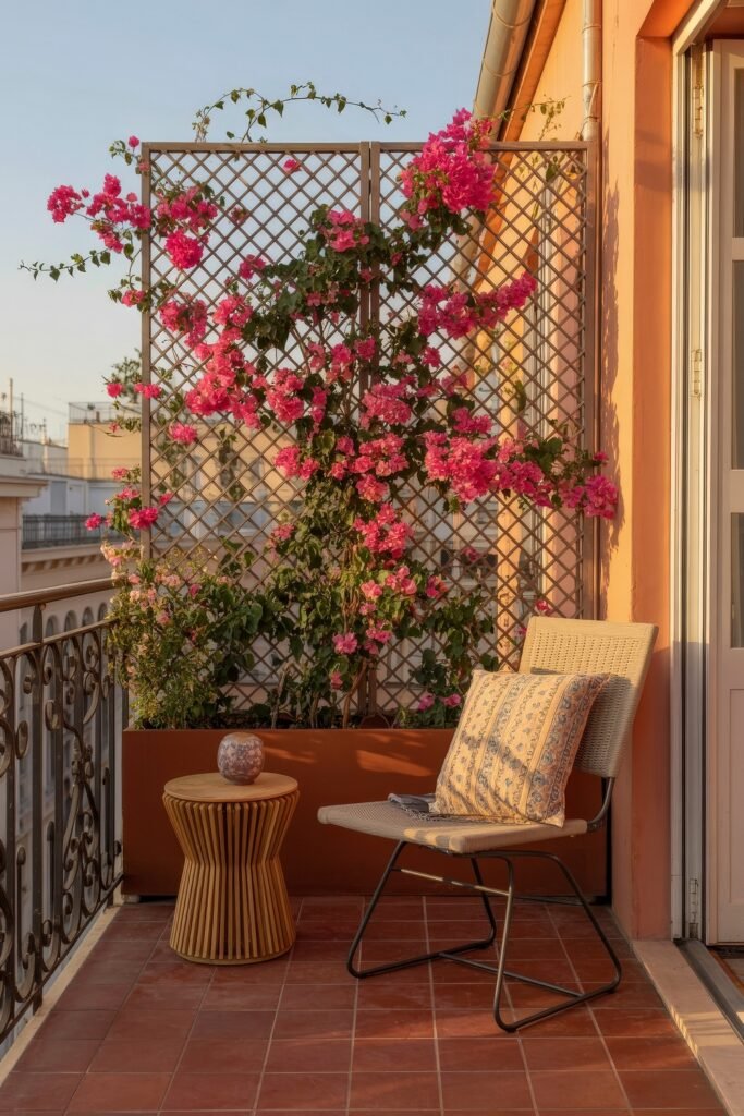 Stylish Rooftop and Terrace Garden Design 15 Warm-toned balcony with tiled flooring, a single chair and side table, framed by vivid pink bougainvillea vines against a privacy trellis, reflecting classic Balcony & Terrace Gardening charm.