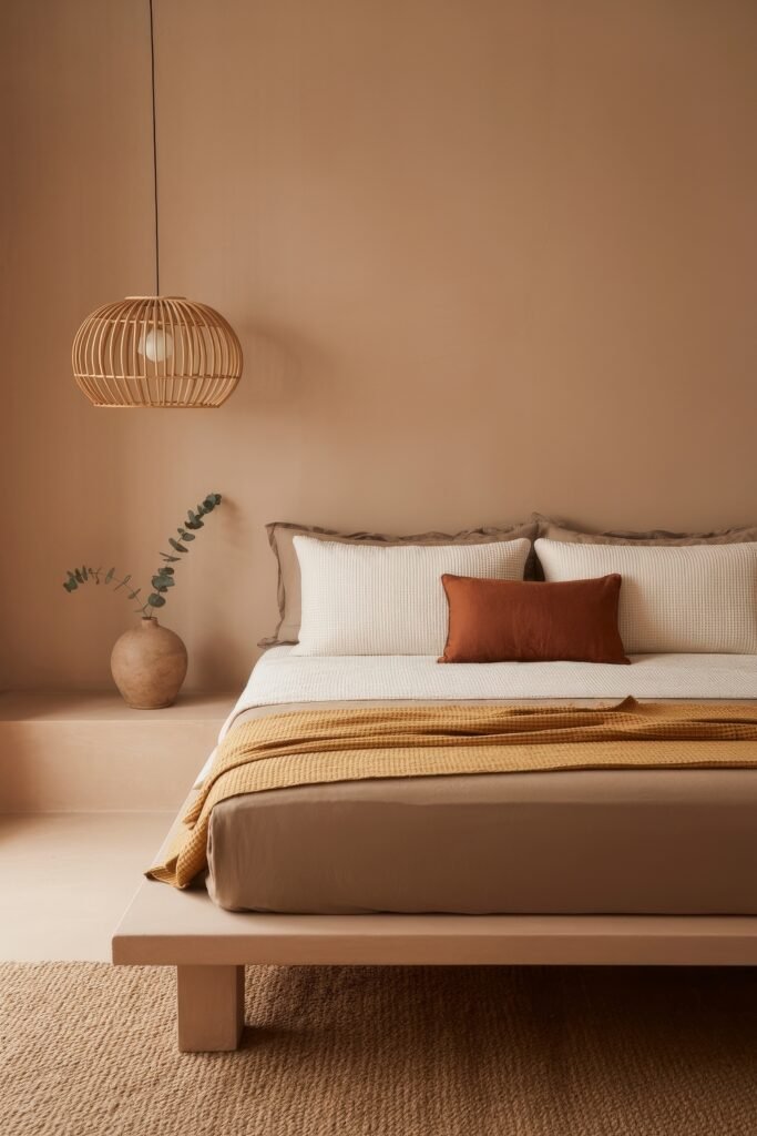 Terracotta Bedroom Ideas: Genius Ways to Glow 12 Earthy minimalist bedroom with a low platform bed, neutral bedding, mustard throw, rust accent pillow, and a clay vase with eucalyptus beneath a woven pendant light.