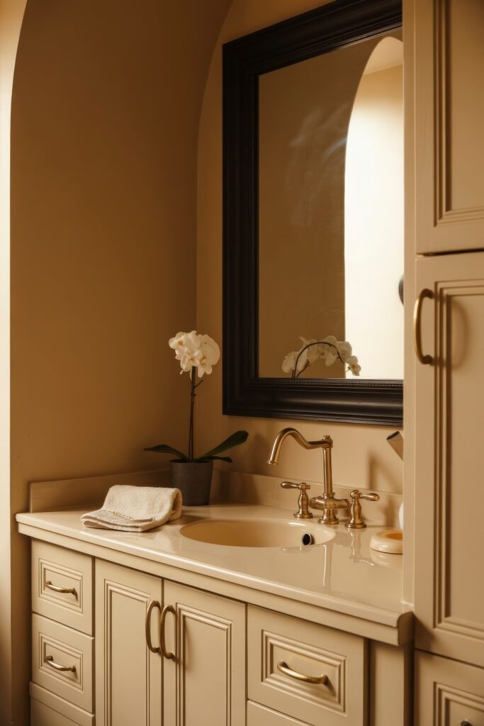 Cream Bathroom Ideas: Genius Ways to Warm Up Your Space 14 Classic vanity setup in a warmly toned space with gold fixtures, a dark framed mirror, and a single white orchid adding a touch of freshness to the Cream Bathroom Ideas design.