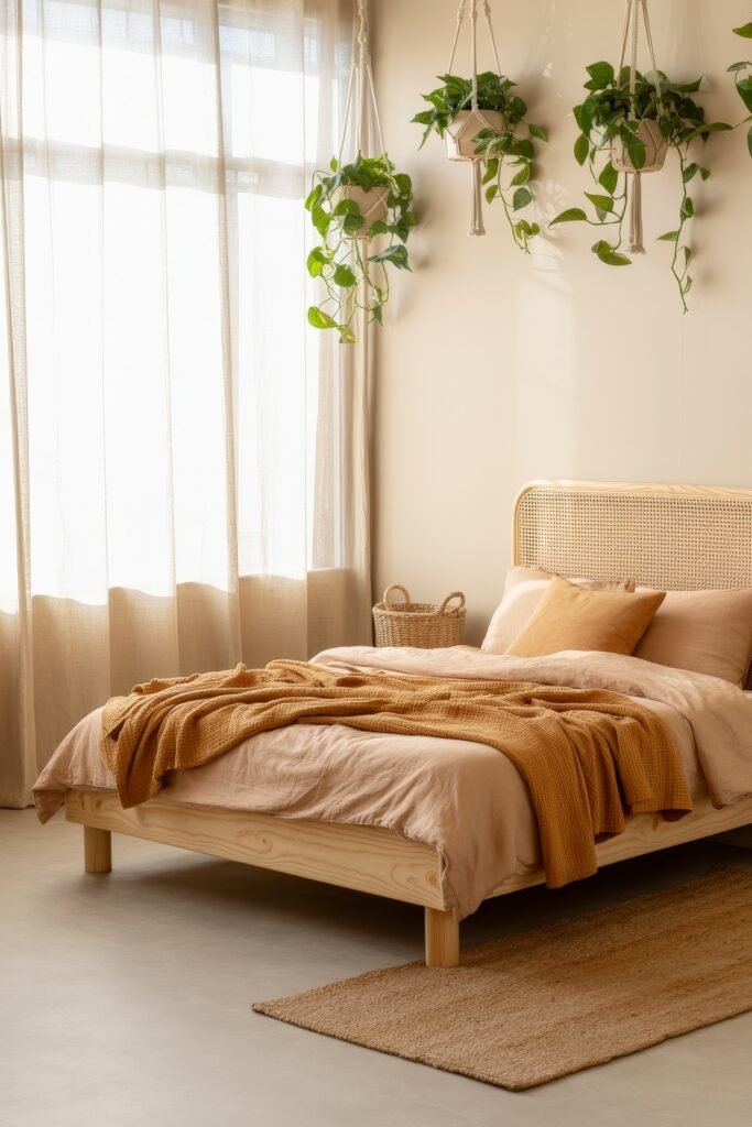 Earthy Bedroom Ideas: 12 Essential Ways to Elevate Your Space 13 Sun-filled minimalist bedroom with blush-toned bedding, an amber knit throw, hanging potted plants, and light wood accents creating a soft, natural ambiance.