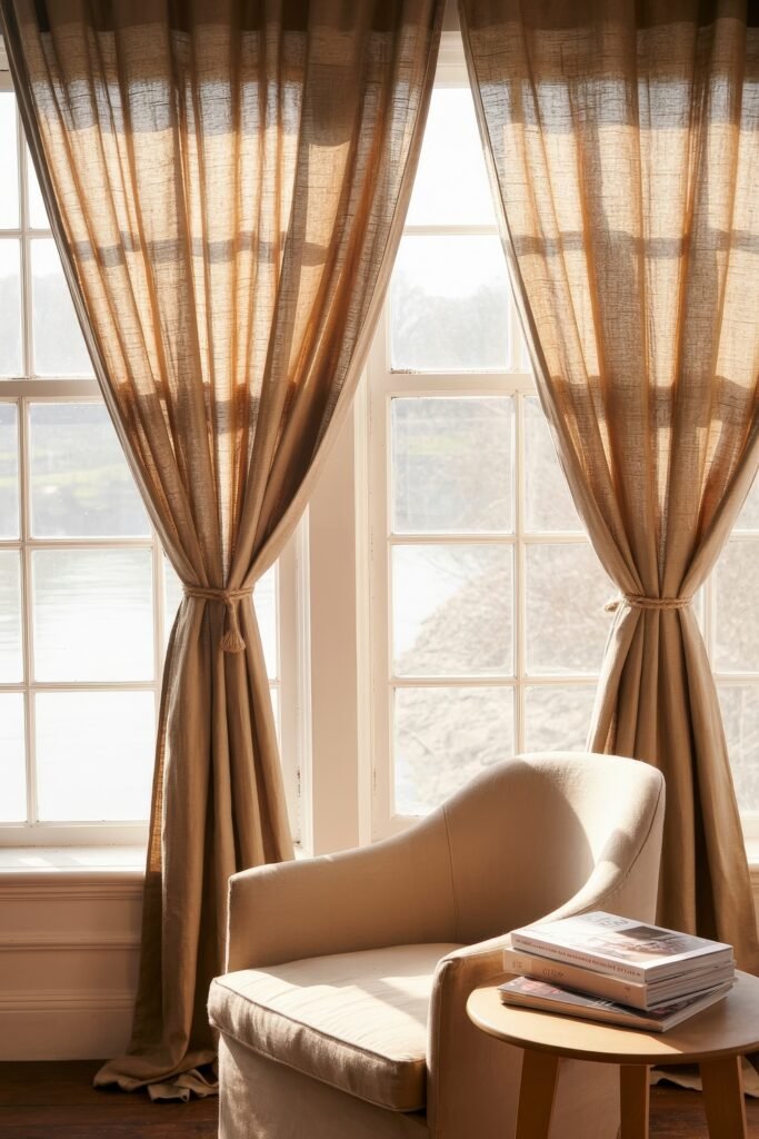 Cozy Fall Sunroom Ideas: Autumn Decor for a Warm Retreat 13 Cozy armchair by large windows with tied-back curtains, next to a small table stacked with magazines.