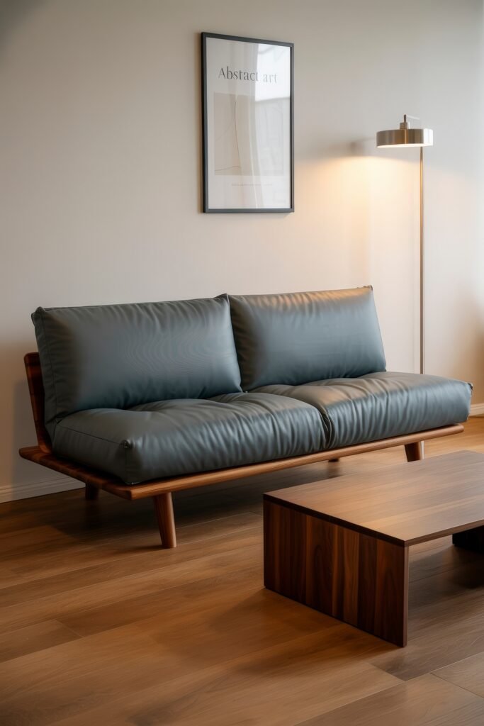 First Apartment Checklist: Essential Tips You’ll Love 12 Modern living area with a sleek, dark gray futon, low wooden coffee table, abstract art print, and standing lamp—ideal furniture pick for compact First Apartment Planning.