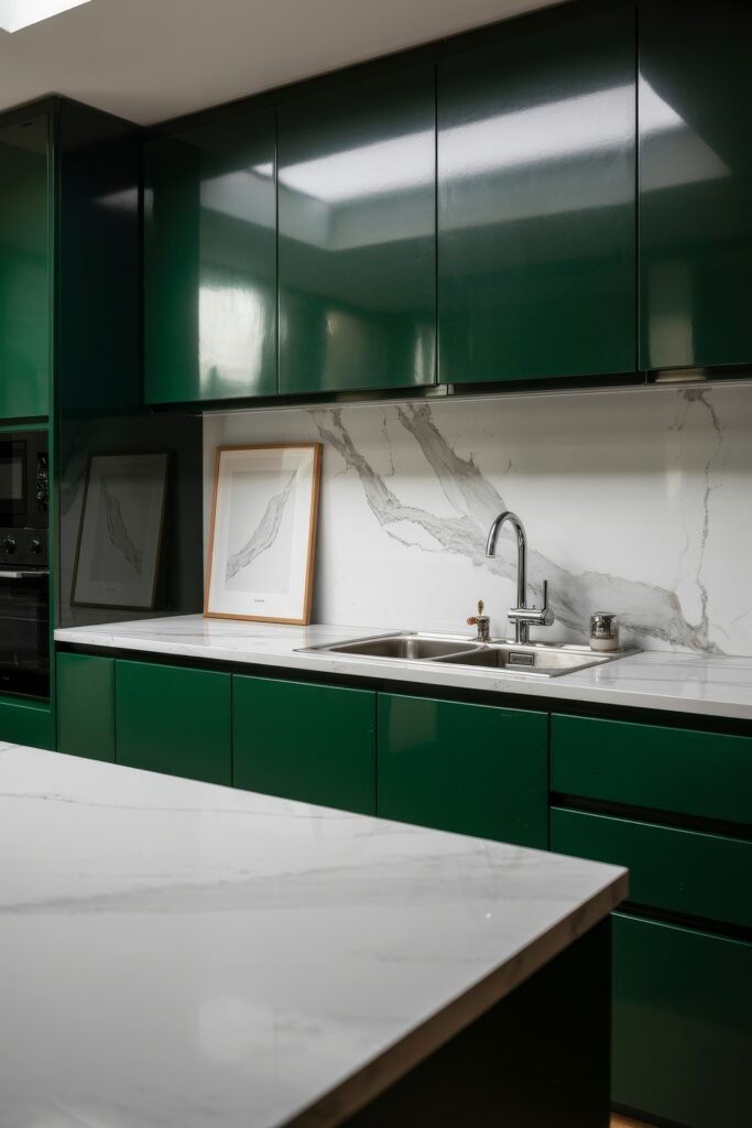 Green Kitchen Cabinets: Stylish Ways to Elevate Style 15 Sleek kitchen with glossy emerald green cabinets, minimalist design, and a dramatic white marble backsplash, paired with built-in appliances and double sinks.