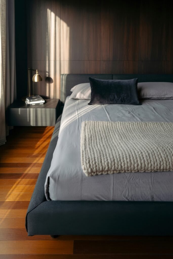 Masculine Luxury Bedroom: Genius Luxe Ideas 15 Elegant bedroom with rich wood floors, a gray upholstered bed, soft gray linens, and a chunky cream knit blanket, lit by soft natural light through curtains.