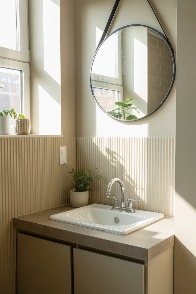 Neutral Bathroom Ideas: Genius Spa-Like Upgrades 14 Bright and minimalist bathroom corner with a white rectangular sink, chrome faucet, vertical ribbed wall paneling, and a round hanging mirror above the vanity, enhanced by potted greenery and natural light.