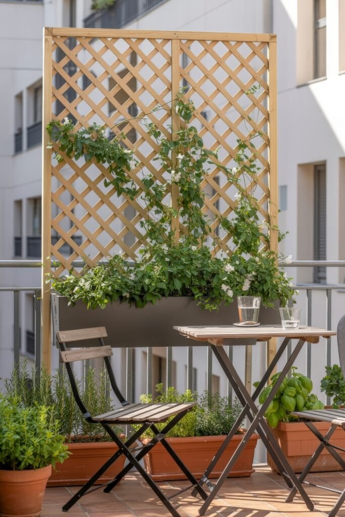 Stylish Rooftop and Terrace Garden Design 16 Urban balcony garden with a small bistro table, wooden trellis supporting white climbing flowers, and planters of herbs like basil and rosemary, a compact take on terrace garden ideas.
