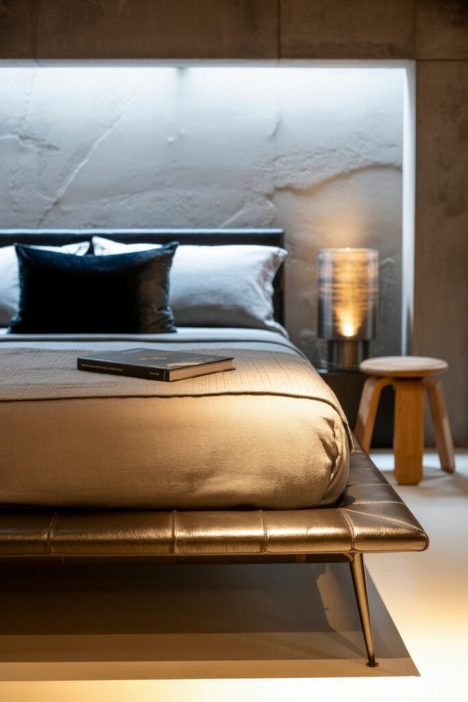 Masculine Luxury Bedroom: Genius Luxe Ideas 16 Contemporary bedroom with a recessed lighted wall niche, taupe bedding, a black velvet pillow, and a glowing table lamp beside a wooden stool.