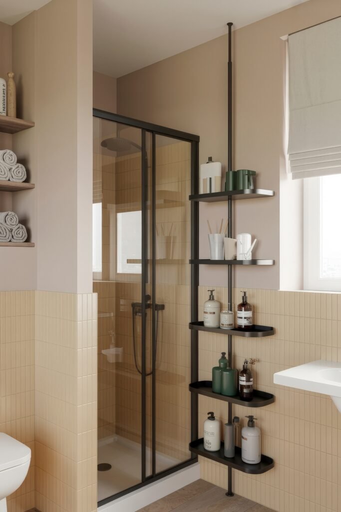 Bathroom Essentials for First Apartment: Genius Must-Haves 14 Corner-mounted black shower caddy pole with multiple shelves holding toiletries, diffusers, and bottles, installed beside a glass shower door in a modern beige bathroom.