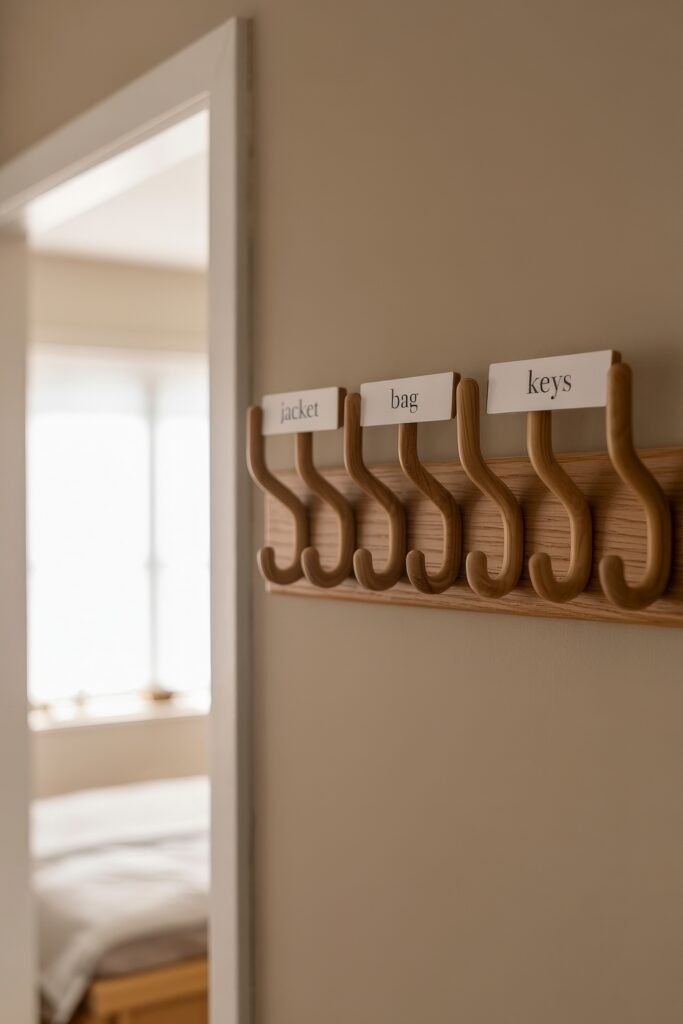 Bedroom Essentials for Your First Apartment: 12 Genius Must-Haves 12 Minimal wooden wall hook rack with labeled hooks for “jacket,” “bag,” and “keys,” mounted near a doorway—perfect for keeping essentials in check during first apartment planning.