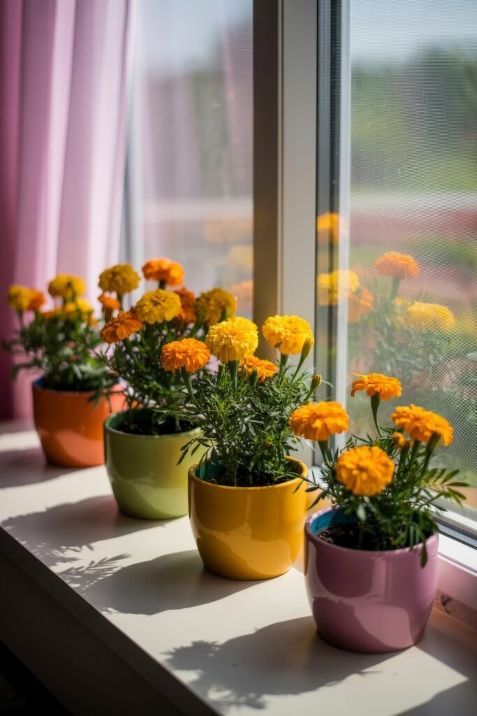Green Guards: Chic Houseplants that Naturally Repel Insects 10 Bright marigolds in colorful ceramic pots lined up on a sunny windowsill, natural indoor flowers used for household pest control