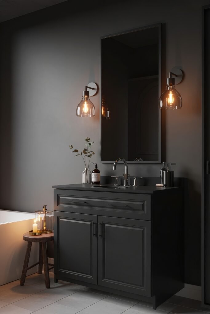 Black Bathroom Ideas: Genius Ways to Create Moody Glam 13 Sophisticated black vanity with warm pendant lights and minimalist decor, including a small stool and candles, creating a cozy yet refined Dark & Moody Bathroom Theme.
