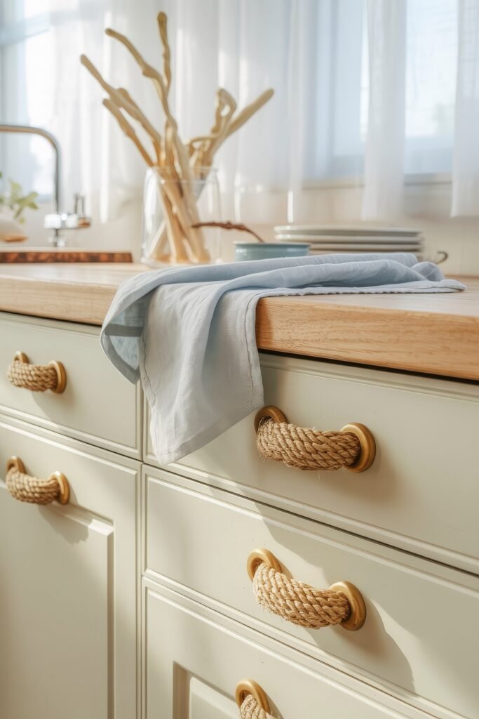 Coastal Summer Vibes for City Apartments 18 Kitchen with rope drawer pulls, wood countertops, and driftwood accents, adding a touch of coastal summer decor.