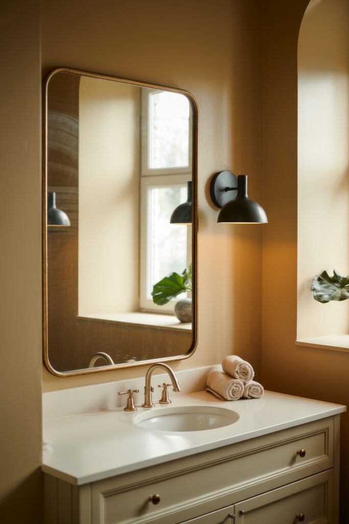 Cream Bathroom Ideas: Genius Ways to Warm Up Your Space 15 Bright bathroom corner with arched window, tall mirror, soft white countertop, and a trio of rolled towels, enhanced by black fixtures for contrast in a cozy cream palette.