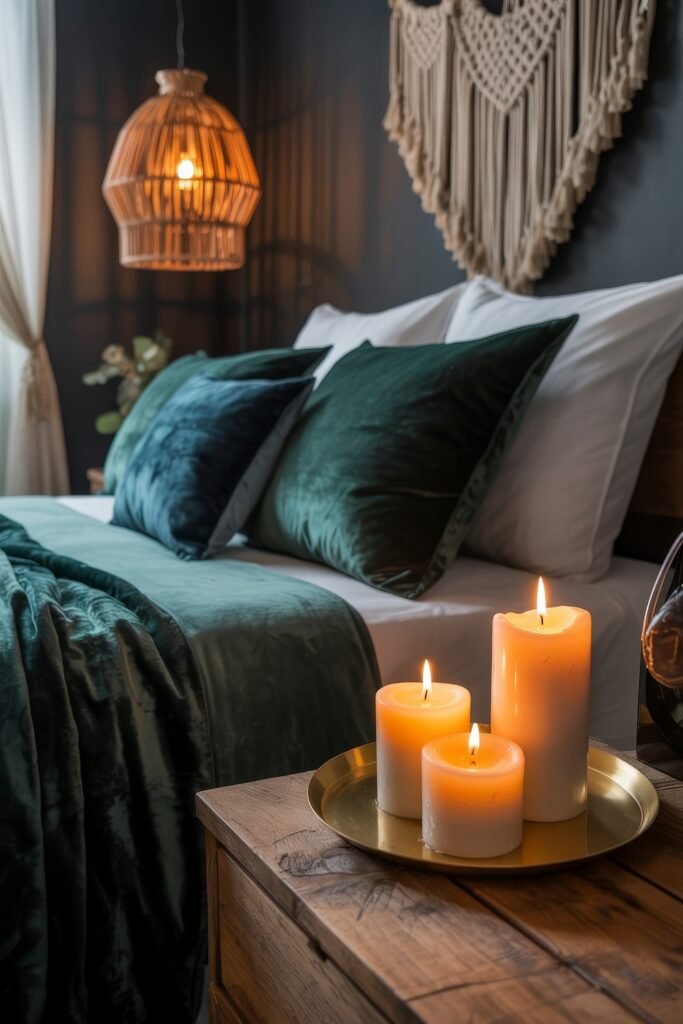 Dark Boho Bedroom Ideas: Unexpected Tricks for Cozy Drama 14 Close-up of a nightstand with lit candles beside a bed with deep green velvet bedding and pillows, under soft pendant lighting and a macrame wall piece.