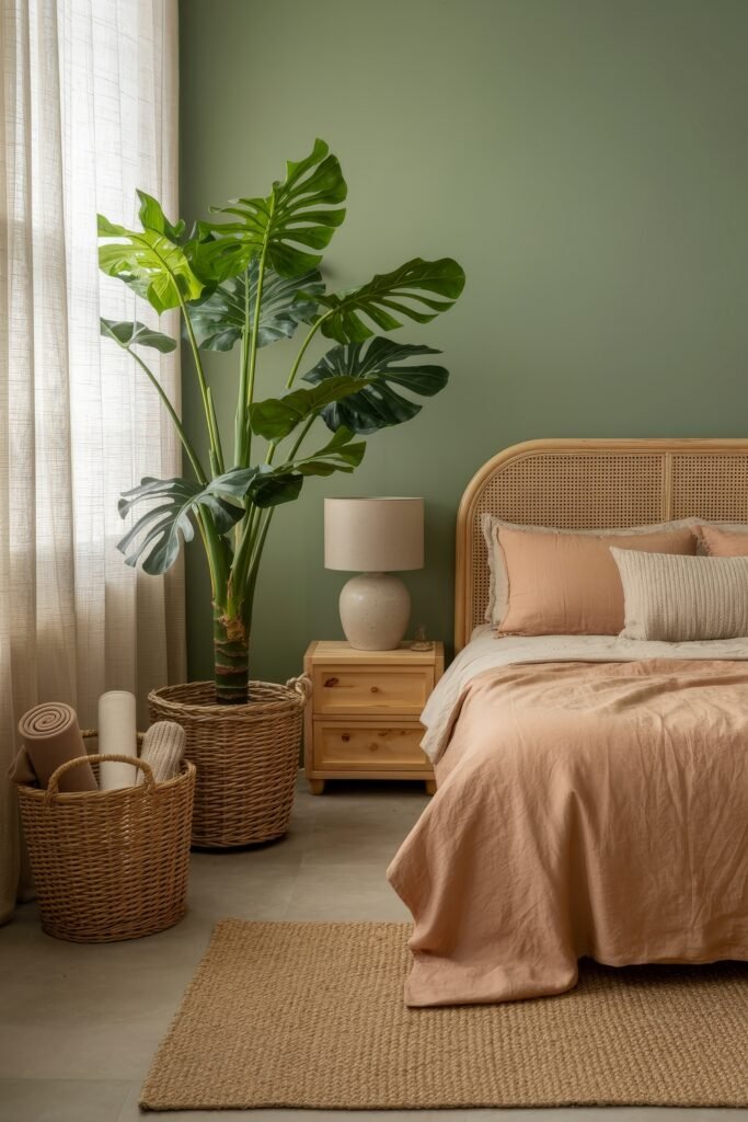 Earthy Bedroom Ideas: 12 Essential Ways to Elevate Your Space 14 Cozy bedroom with a sage green wall, large monstera plant in a basket, blush bedding, and rattan headboard, styled with soft textures and natural elements.