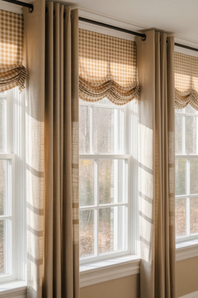 Cozy Fall Sunroom Ideas: Autumn Decor for a Warm Retreat 14 Close-up of beige gingham Roman shades paired with taupe curtains on bright sunroom windows.