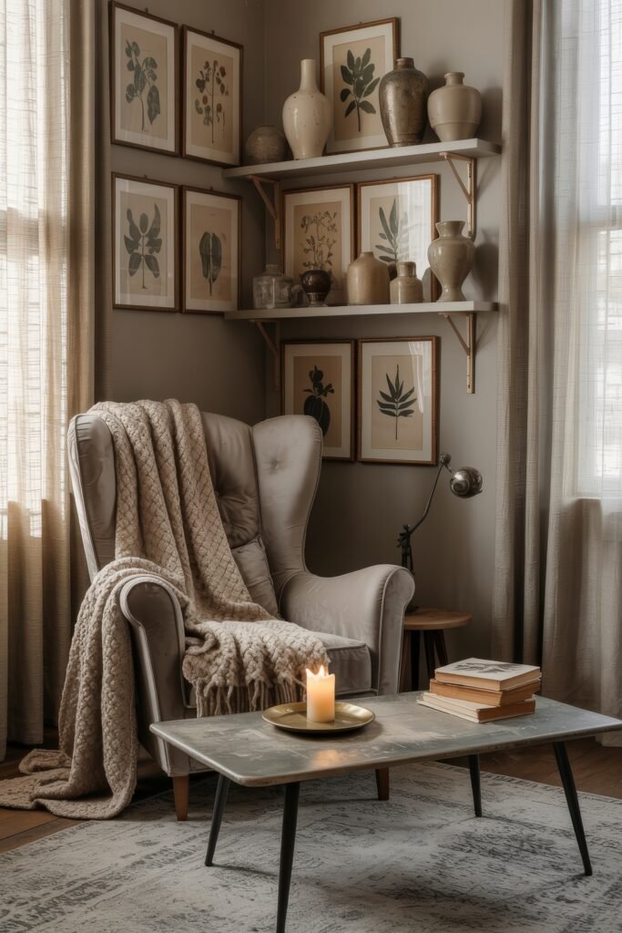 First Apartment Checklist: Essential Tips You’ll Love 13 Cozy reading corner with a plush armchair draped in a knitted blanket, surrounded by botanical artwork, pottery on shelves, and a candlelit coffee table—inviting ambiance for a thoughtfully designed space.
