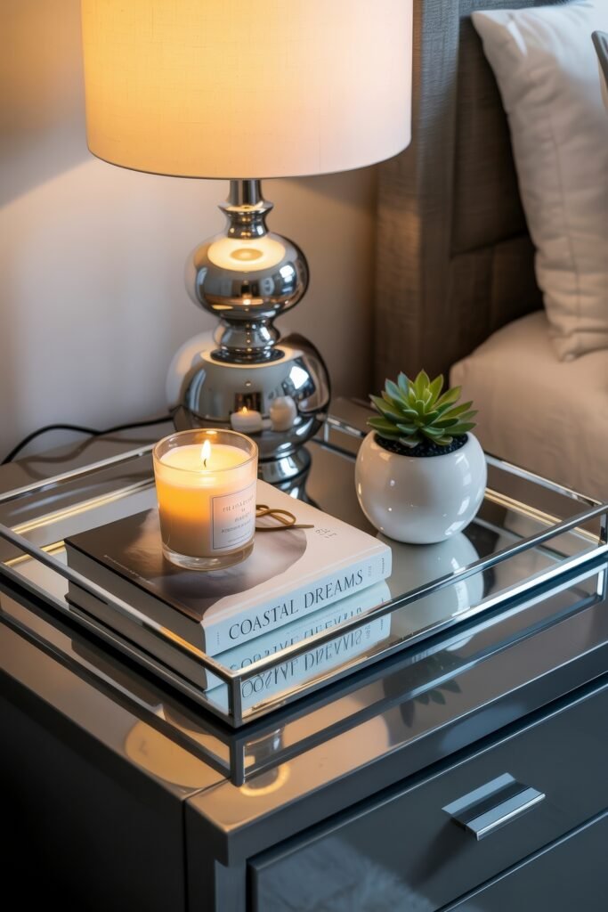 Glam Bedroom Décor: Essential Tips for Luxe Sleep 13 Mirrored nightstand topped with a silver lamp, lit candle, and small succulent plant, styled with stacked books for a cozy and elegant bedside vignette.