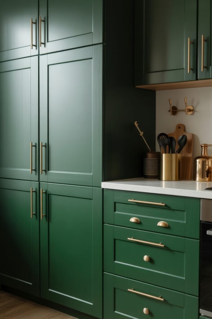 Green Kitchen Cabinets: Stylish Ways to Elevate Style 16 Cozy kitchen featuring matte green cabinetry, brass handles, and white countertops, complemented by warm metallic accents and a set of black cooking utensils.