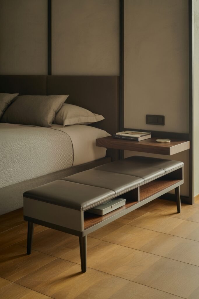 Masculine Luxury Bedroom: Genius Luxe Ideas 17 Refined bedroom with warm neutral tones, a taupe upholstered bed, textured bedding, and a modern bench with leather top and wood shelving.