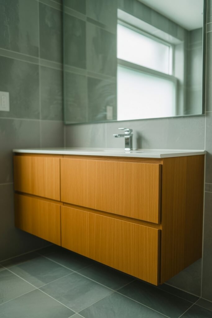 Neutral Bathroom Ideas: Genius Spa-Like Upgrades 15 Sleek floating wooden vanity with flat-panel drawers and a white countertop, set against large gray tiled walls and floors, capturing a refined Neutral Bathroom Idea.