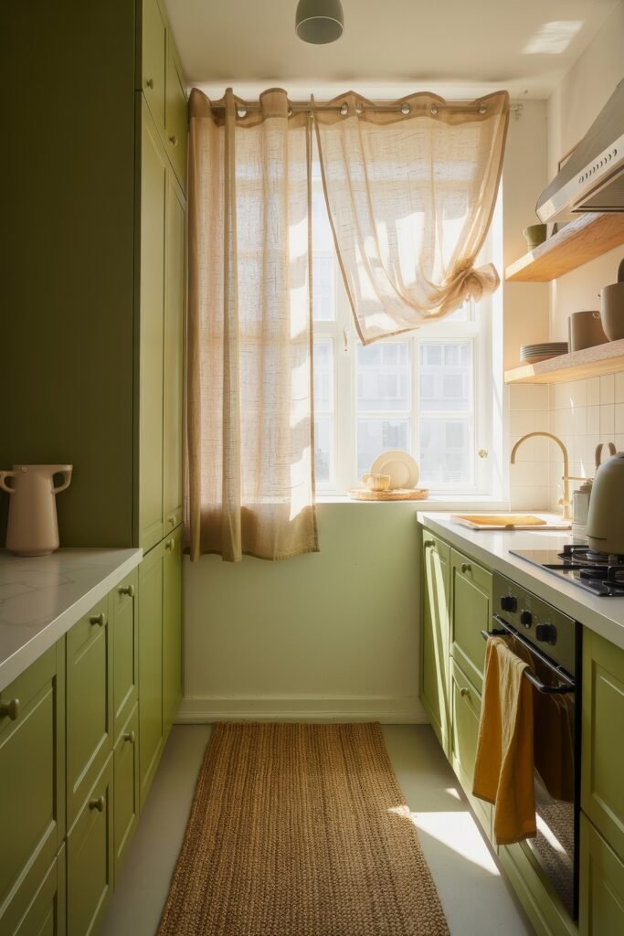 Sage Green Kitchen Bliss: Inspiring Ideas 13 Narrow kitchen with soft sage cabinetry, sheer tan curtains, woven runner, and sunlight pouring through a window above a gold faucet.