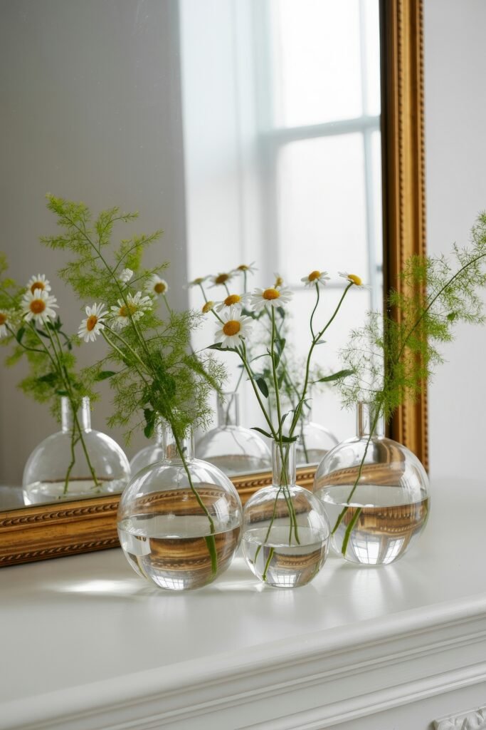Summer Mantel Decor Tips (Even If You Don’t Have a Fireplace) 14 Minimalist mantel with round glass vases holding chamomile flowers and greenery in front of a gold mirror.