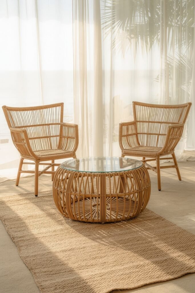 Bright Summer Sunroom Ideas: Airy Decor for Sunny Days 14 Coastal-inspired sunroom with two wicker armchairs, a round glass-top wicker coffee table, sheer curtains, and a natural fiber rug.