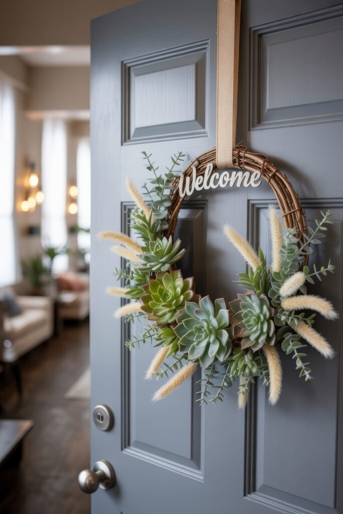 Summer Wreaths for Front Door: Welcoming the Season with Warmth and Color 13 Gray front door with a grapevine wreath decorated with succulents, pampas grass, and a “Welcome” sign, blending boho charm with summer décor.