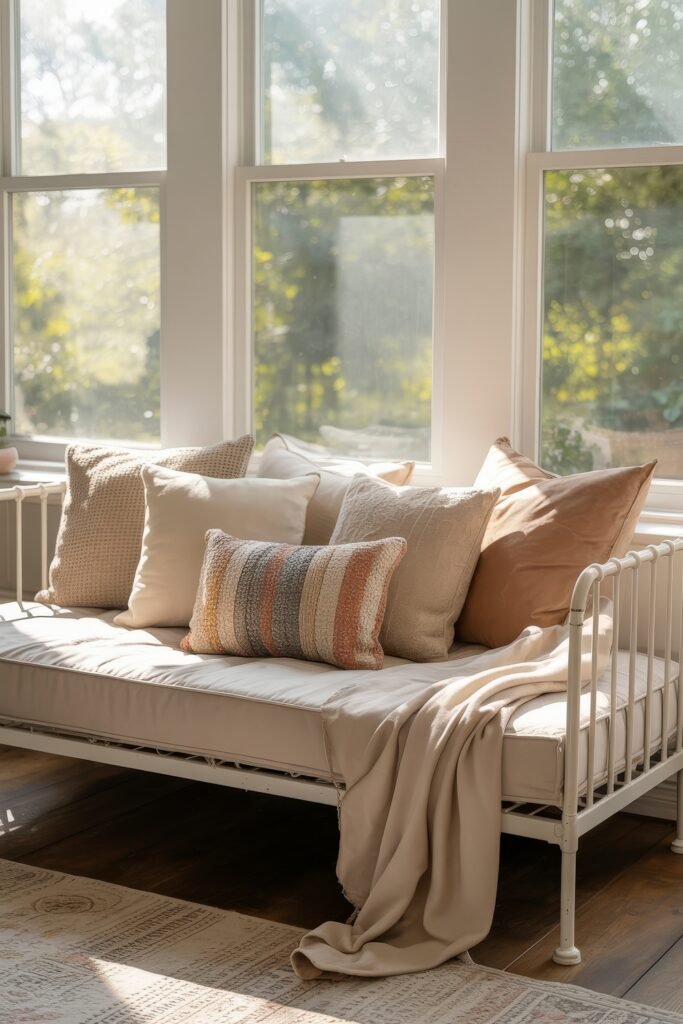 Indoor Sunroom Furniture Ideas for Cozy Winters & Breezy Summers 13 Light-filled sunroom with a white daybed, layered neutral pillows, and a soft beige throw.