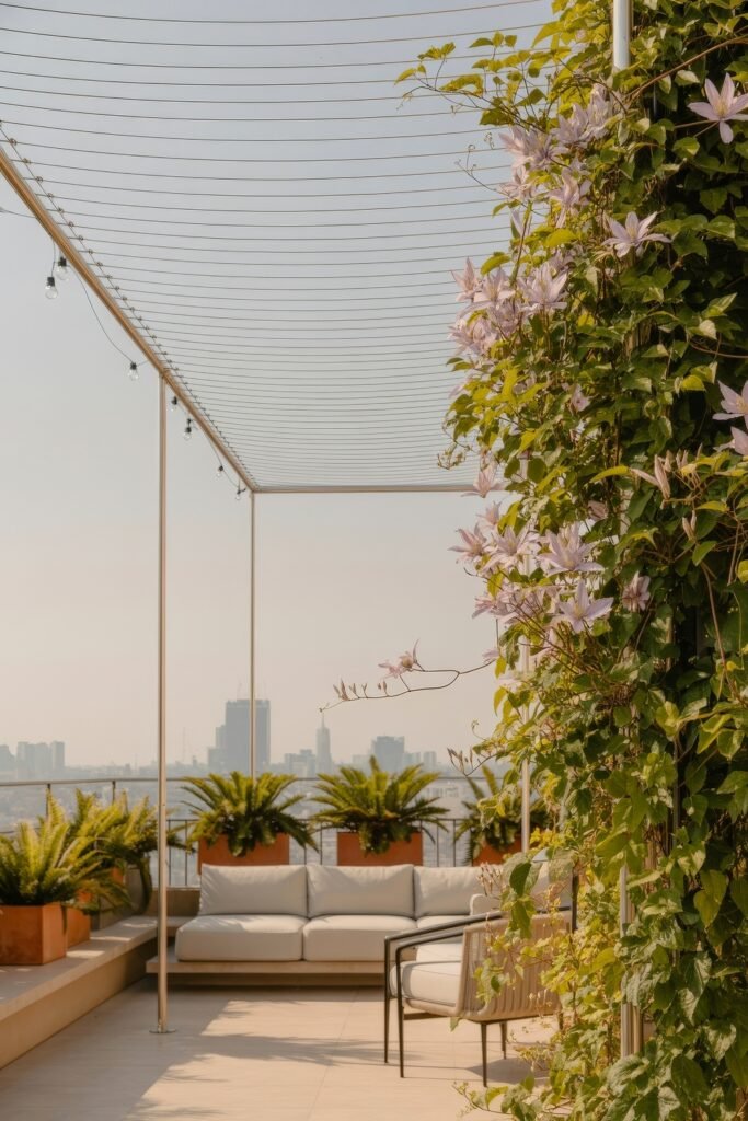 Stylish Rooftop and Terrace Garden Design 17 Rooftop lounge with string lights, a wall of flowering vines, and potted ferns surrounding white cushioned seating, capturing sophisticated Balcony & Terrace Gardening above the city.
