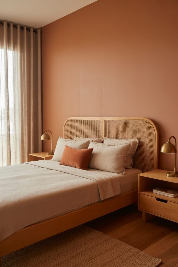 Terracotta Bedroom Ideas: Genius Ways to Glow 13 Light-filled bedroom with a rattan headboard, beige bedding, and a single rust-toned accent pillow, flanked by brass lamps and a terracotta-colored wall.