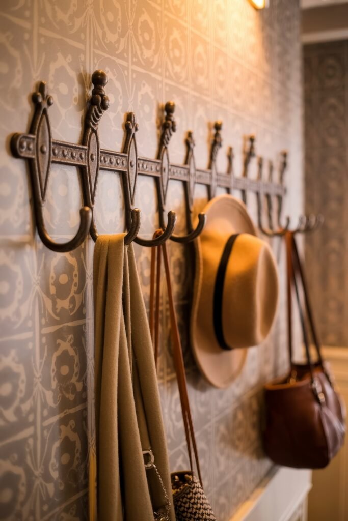Bedroom Essentials for Your First Apartment: 12 Genius Must-Haves 13 Decorative black metal hook rack on a patterned wall, holding a hat, bags, and a scarf, blending style and function in an entryway for first apartment organization.