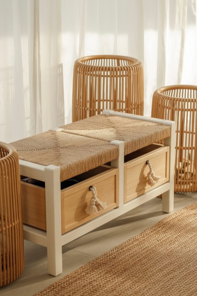 Coastal Summer Vibes for City Apartments 19 Woven storage bench with tassel drawer pulls surrounded by rattan stools, bringing a breezy summer décor feel.