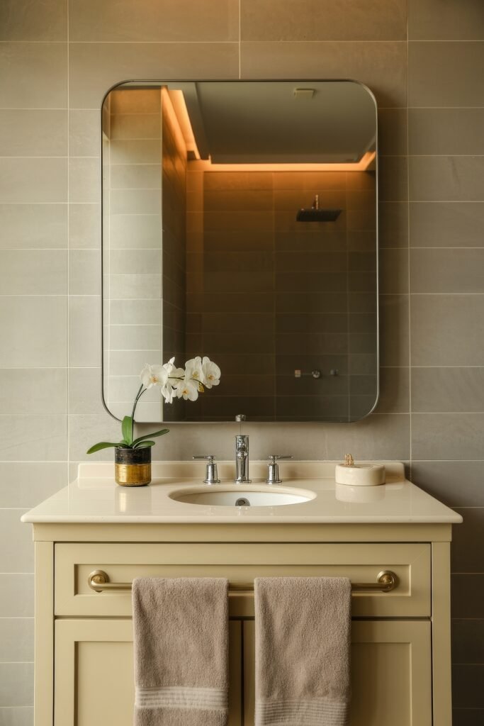 Cream Bathroom Ideas: Genius Ways to Warm Up Your Space 16 Modern vanity with dual hand towels, a golden orchid pot, and a tall mirror against soft gray tiles, blending contemporary form with Cream Bathroom Ideas warmth.