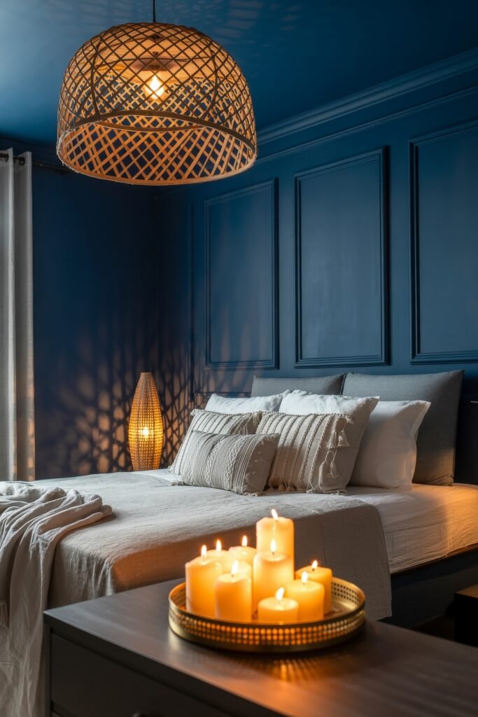 Dark Boho Bedroom Ideas: Unexpected Tricks for Cozy Drama 15 Candlelit bedroom with dark blue walls, rattan pendant lighting, textured beige bedding, and a tray of glowing candles creating a warm, serene atmosphere.